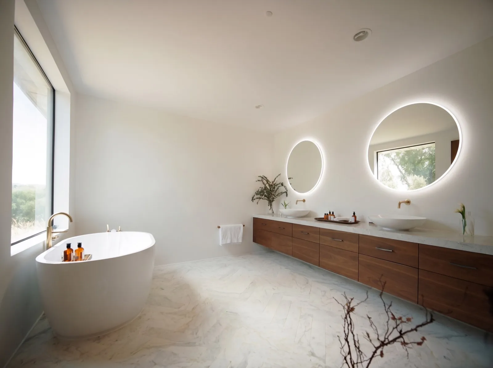 Fully remodeled master bathroom with freestanding tub and walnut double vanity