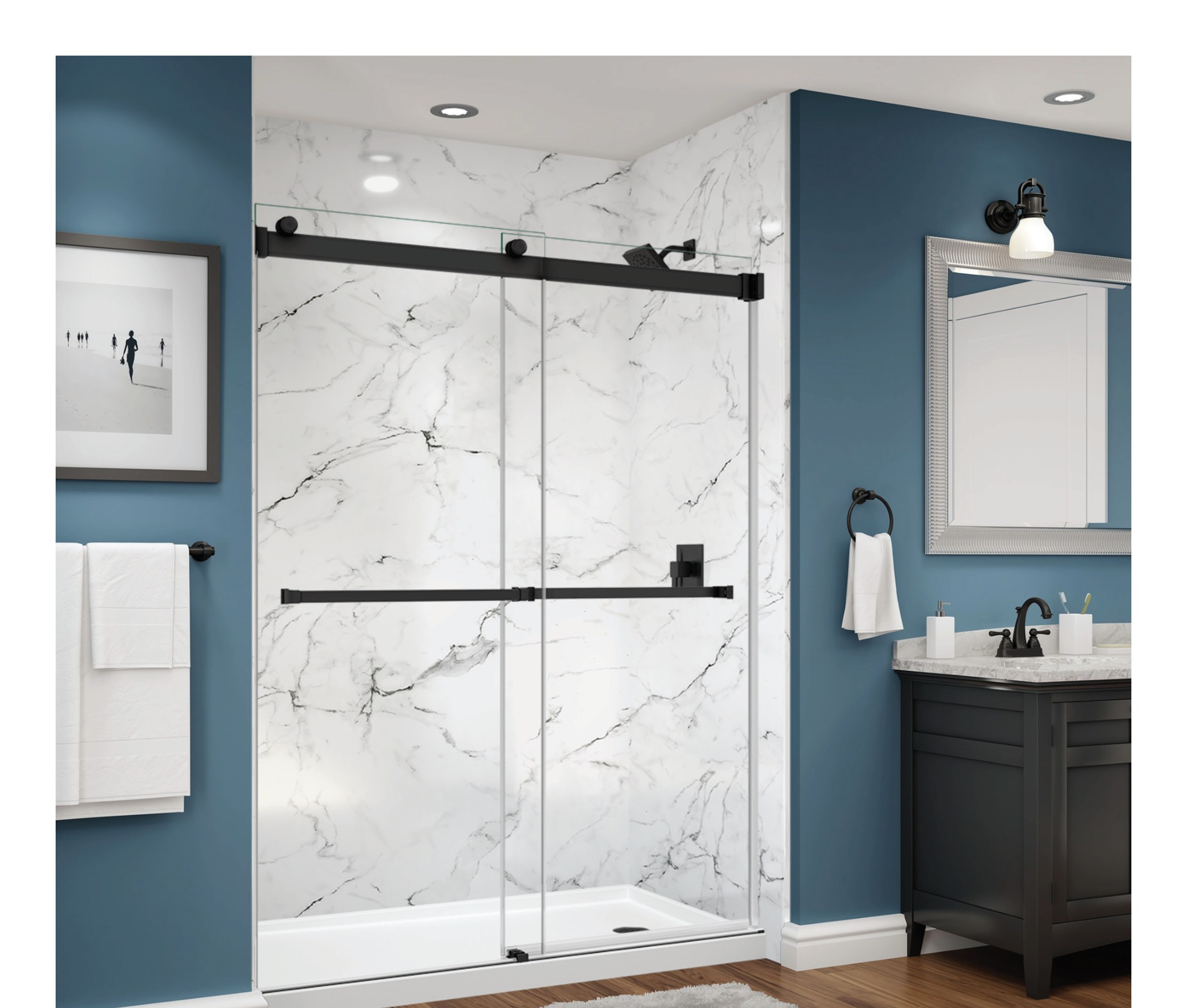 A walk-in shower with a sliding glass door and Venatino marble-look acrylic wall panels
